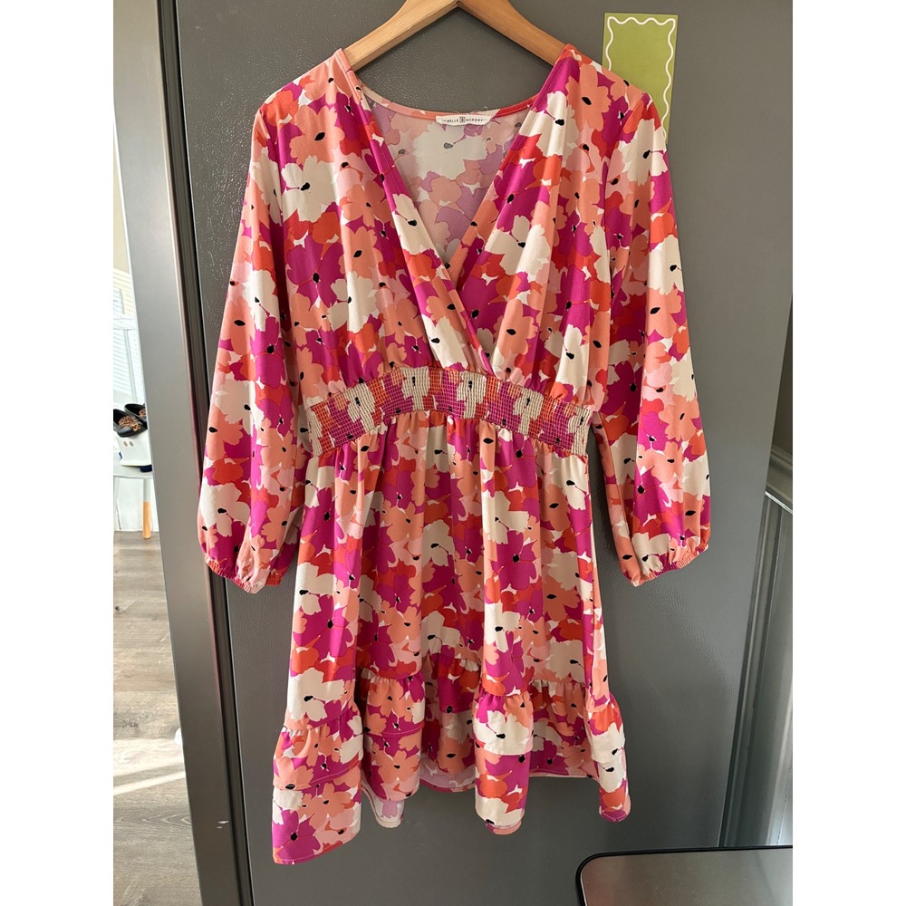 Michelle McDowell Babydoll Floral Mini Dress Pink Orange Smocked Waist Ruffle